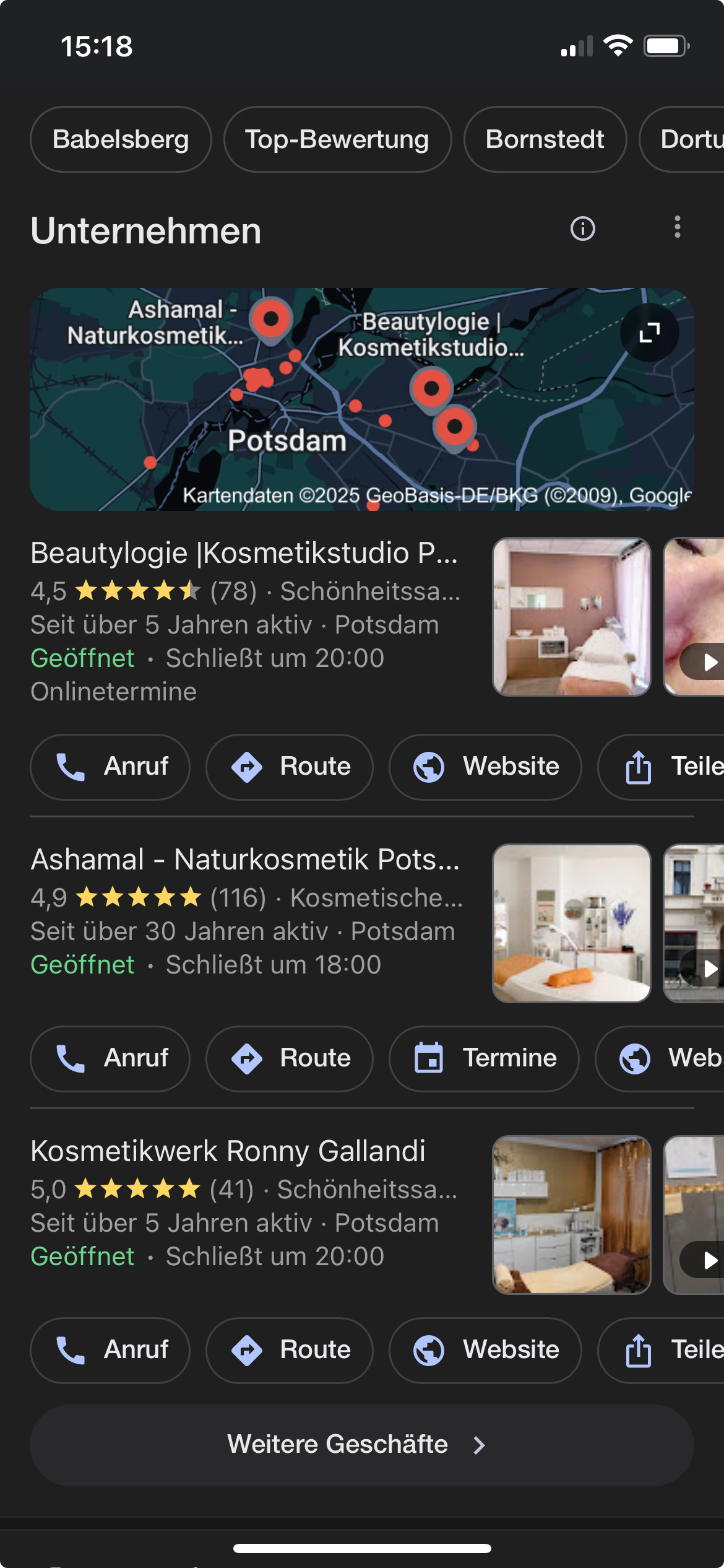 Lokale Suche "Kosmetikstudio Potsdam" mit Ansicht der Google Unternehmensprofile.